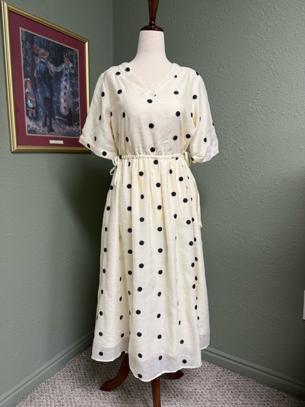Cream Polka Dot Maxi Dress with Drawstring Waist